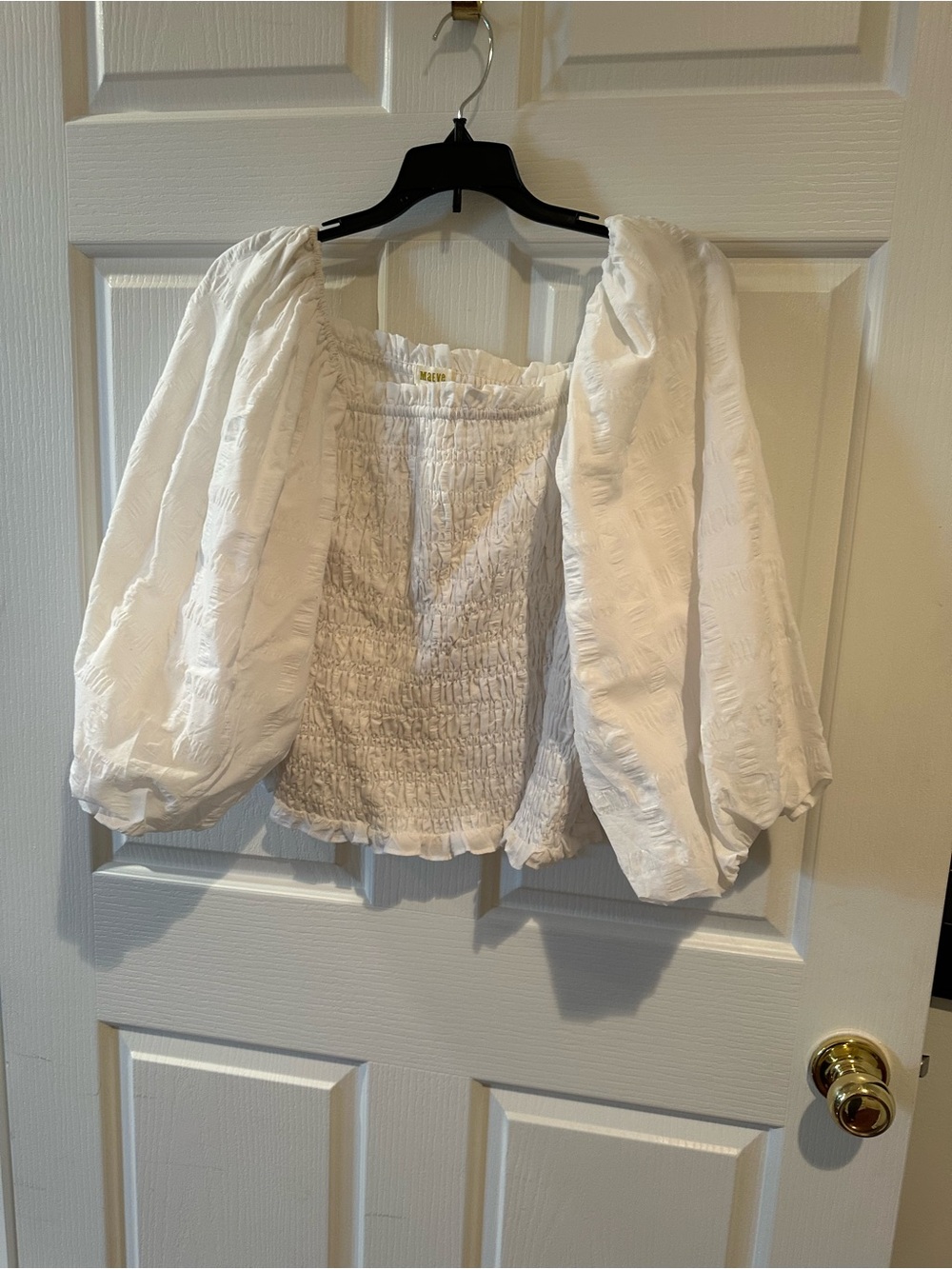 Anthropologie White Smocked Puff-Sleeve Blouse